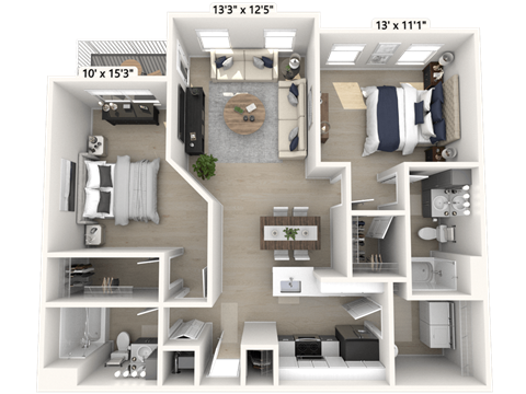 Floor plan for 2 beds, 2 baths, 1091 sqft